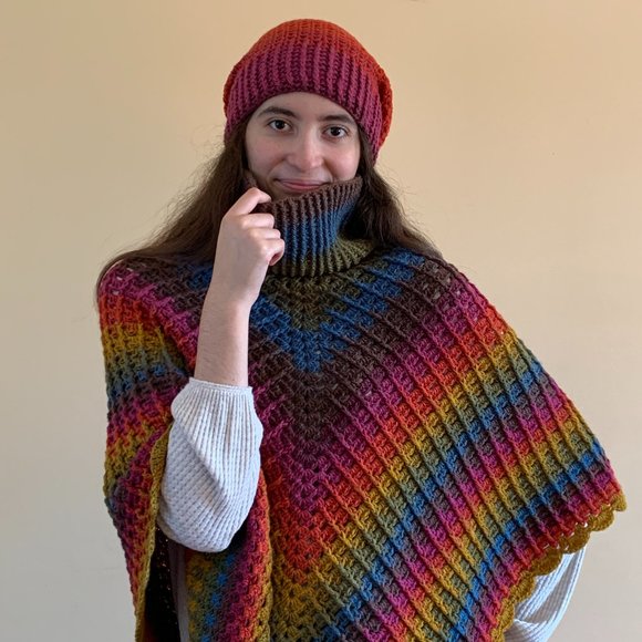 Crocheted Rainbow Poncho and Beanie Set (One Size Fits Most) - Picture 4 of 7